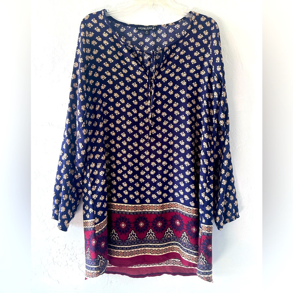 Living Doll Tunic Top Artsy Navy Burgundy Voile Bohemian Gypsy Women's M